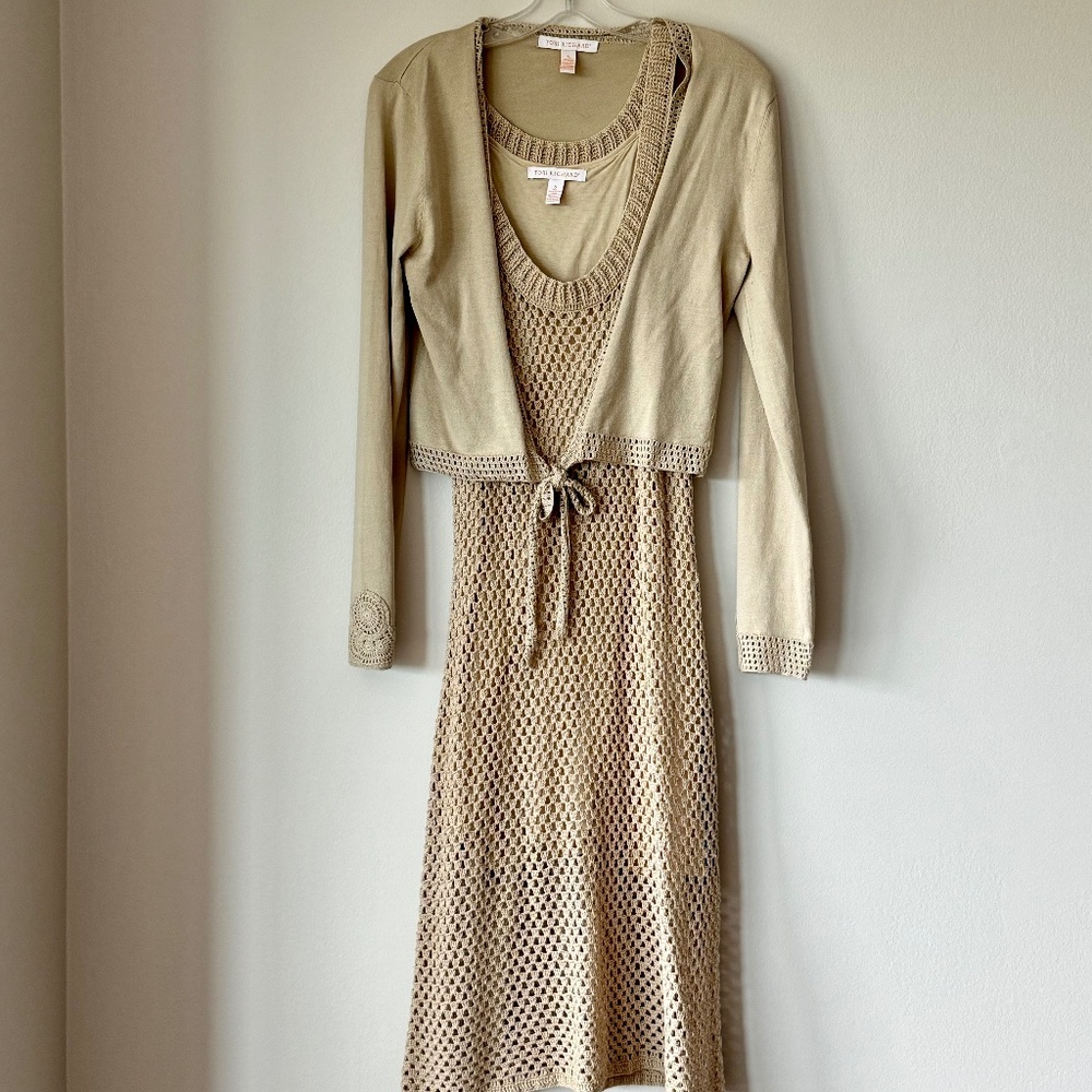 Tori Richard Beige Crochet Sleeveless Dress Long Sleeve Cardigan 2 Piece Set - S
